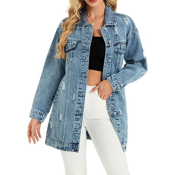 Long Denim Jacket Women Oversized Ripped Casual Fall Streetwear - Picture 1 of 6